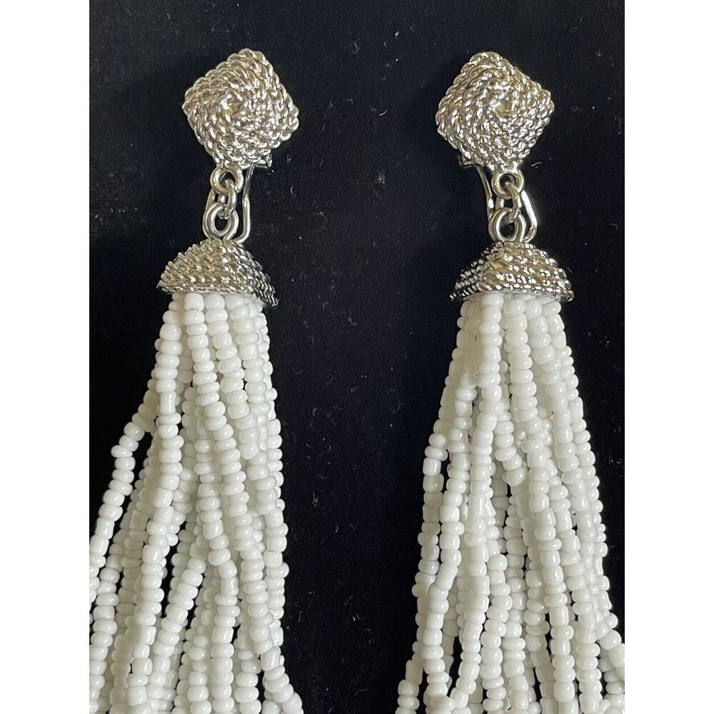 BCBG MaxAzria dangle white Seed beaded Tassel earrings with silver/cz . NWOT